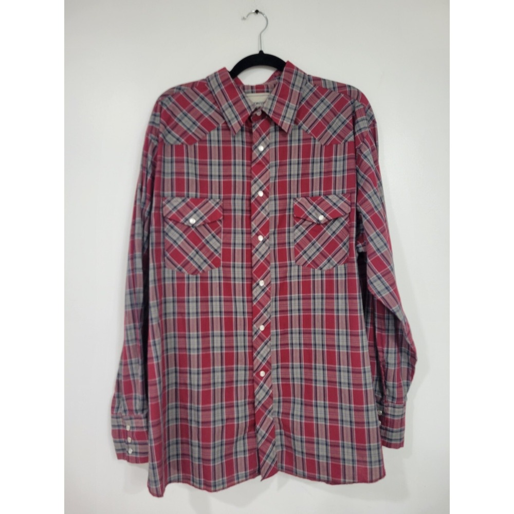 FRONTIER Western  Pearl Snap Dark Red Plaid Long Sleeve Shirt XL